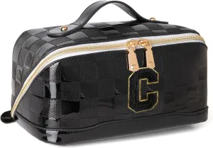 Initial Makeup Bag Large Capacity Travel Cosmetic Bag for Women PU Leather Open Flat Toiletry Bag with Handle and Divider Personalized Gifts for Women (Black C)
