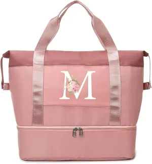 Initial Travel Duffel Bag for Women, Personalized Weekender Bag with Shoe Compartment, Gym Duffel Bag with Wet Pocket Carry on Overnight Bag, Birthday Gifts for Women, Pink(Letter M)