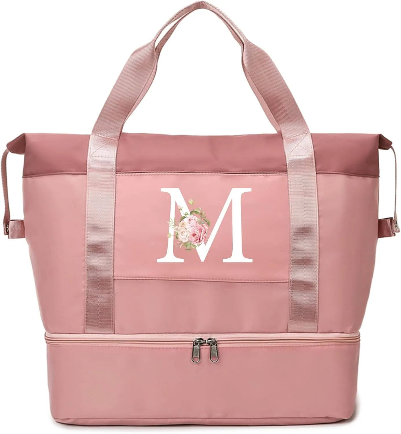 Initial Travel Duffel Bag for Women, Personalized Weekender Bag with Shoe Compartment, Gym Duffel Bag with Wet Pocket Carry on Overnight Bag, Birthday Gifts for Women, Pink(Letter M)