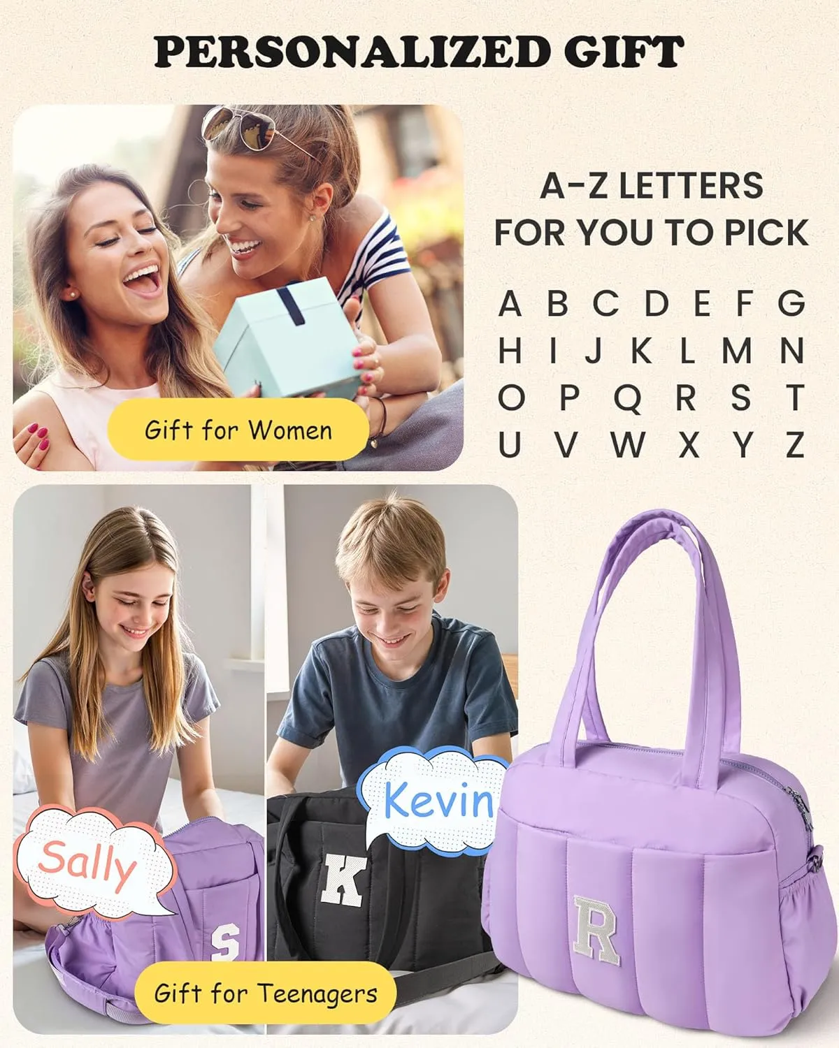 Initial Women Duffel Bag, Personalized Weekender Bag with Shoulder Strap, Monogram Overnight Bag for Women, Letter Travel Bag with Makeup Bag Gift for Graduation Gifts for Her (Letter A)