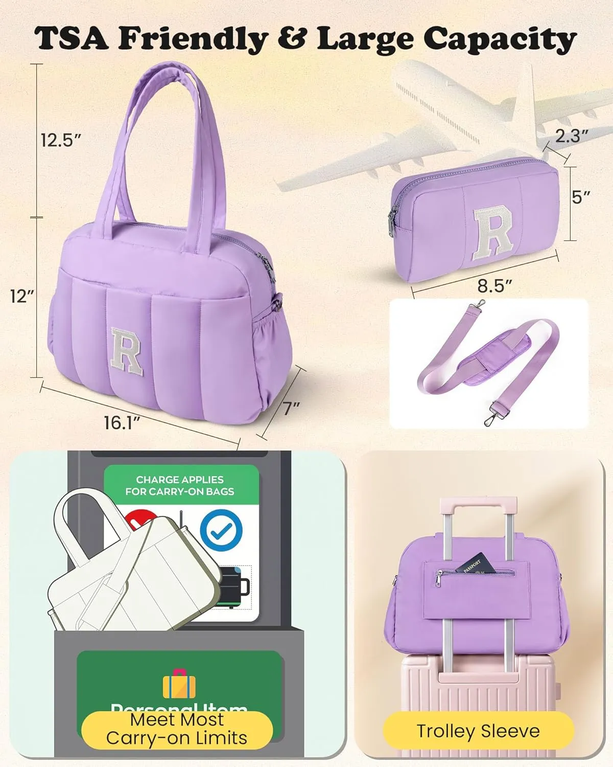 Initial Women Duffel Bag, Personalized Weekender Bag with Shoulder Strap, Monogram Overnight Bag for Women, Letter Travel Bag with Makeup Bag Gift for Graduation Gifts for Her (Letter A)