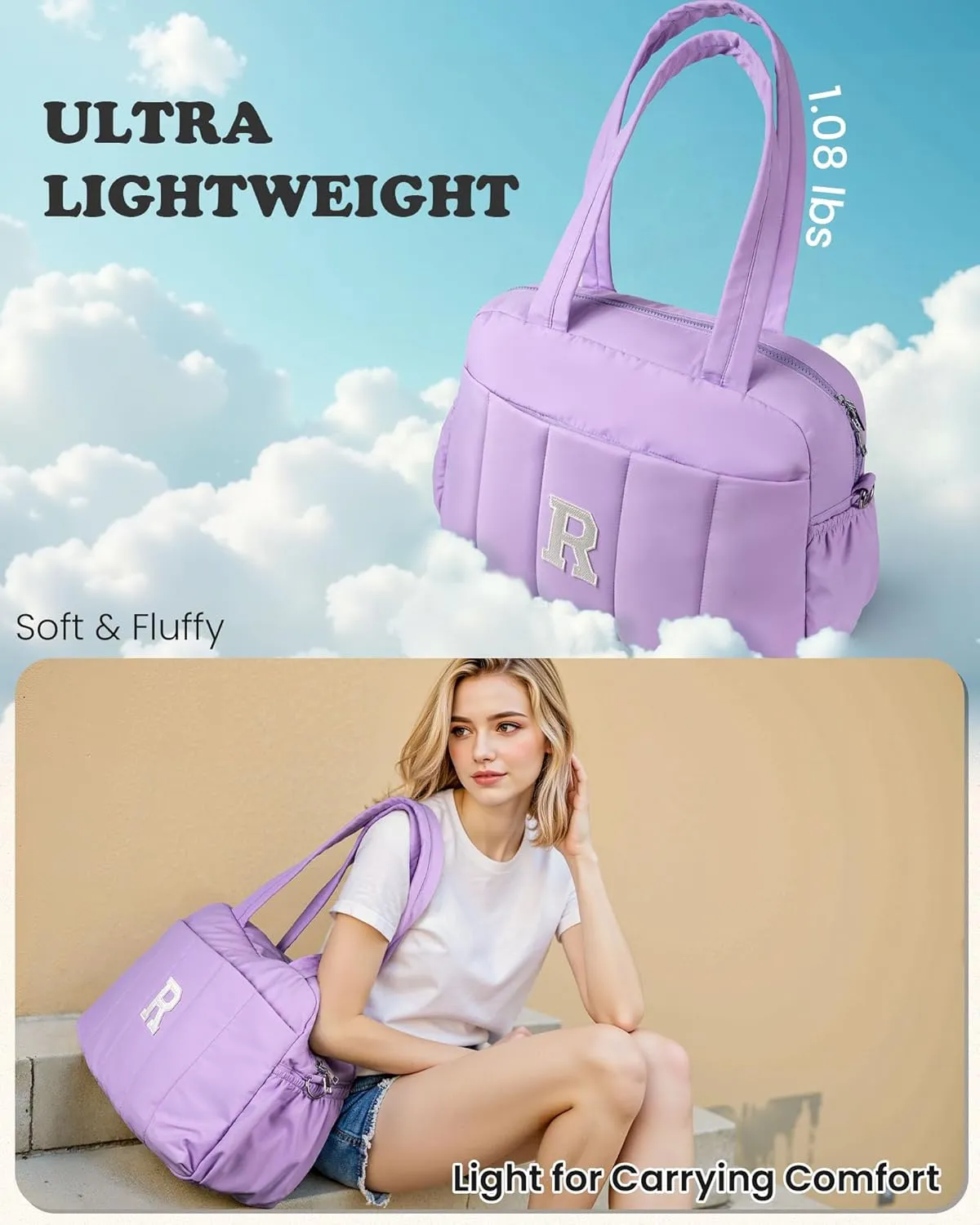 Initial Women Duffel Bag, Personalized Weekender Bag with Shoulder Strap, Monogram Overnight Bag for Women, Letter Travel Bag with Makeup Bag Gift for Graduation Gifts for Her (Letter A)
