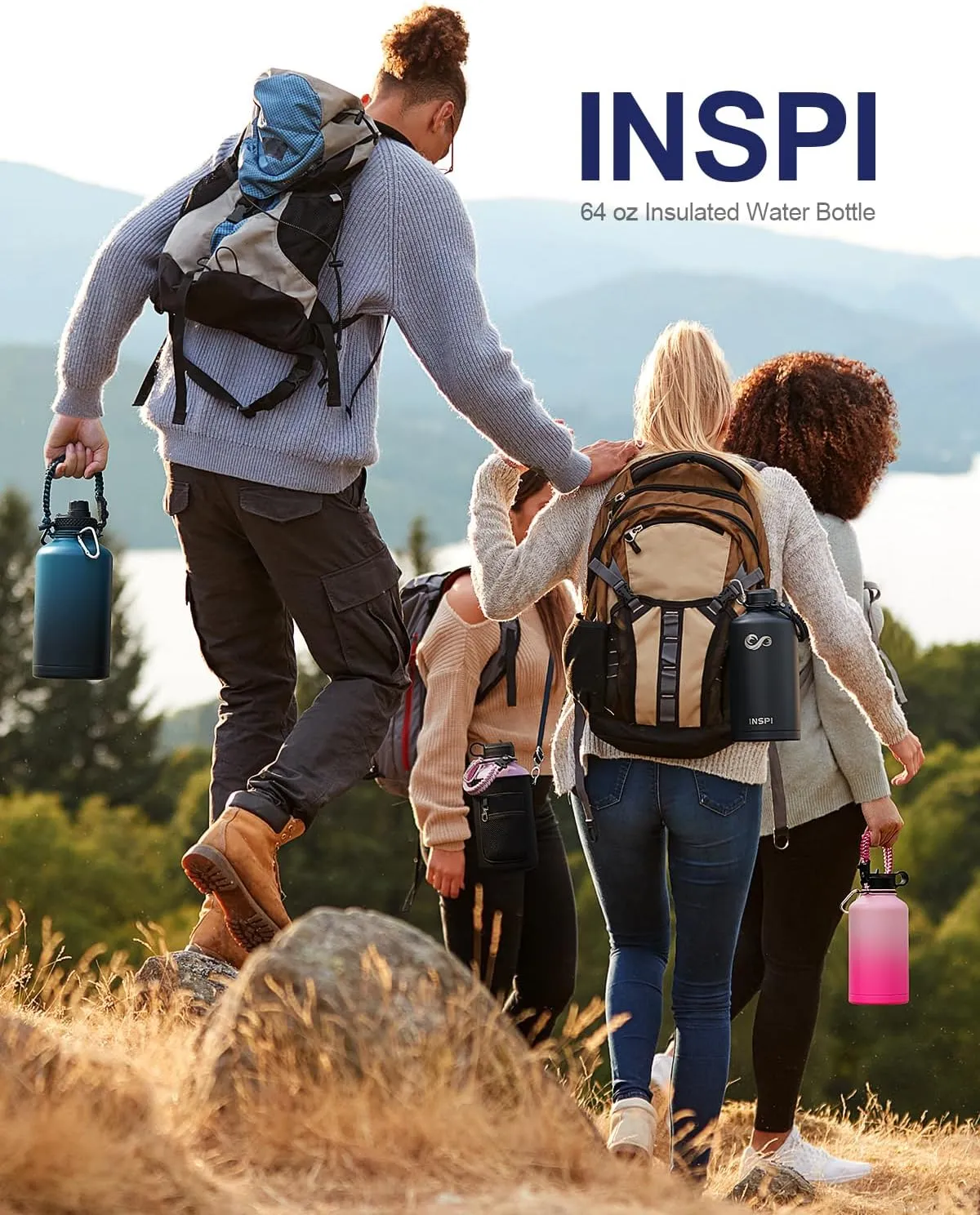 INSPI Insulated Water Bottle with Paracord Handle 64oz,Indigo Black