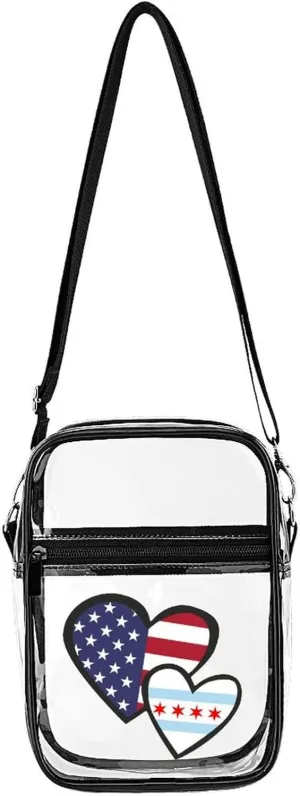 Interlocking Hearts U.S Chicago Flag Cute Crossbody Purses Unisex Transparent Shoulder Bag Adjustable Strap Handbag