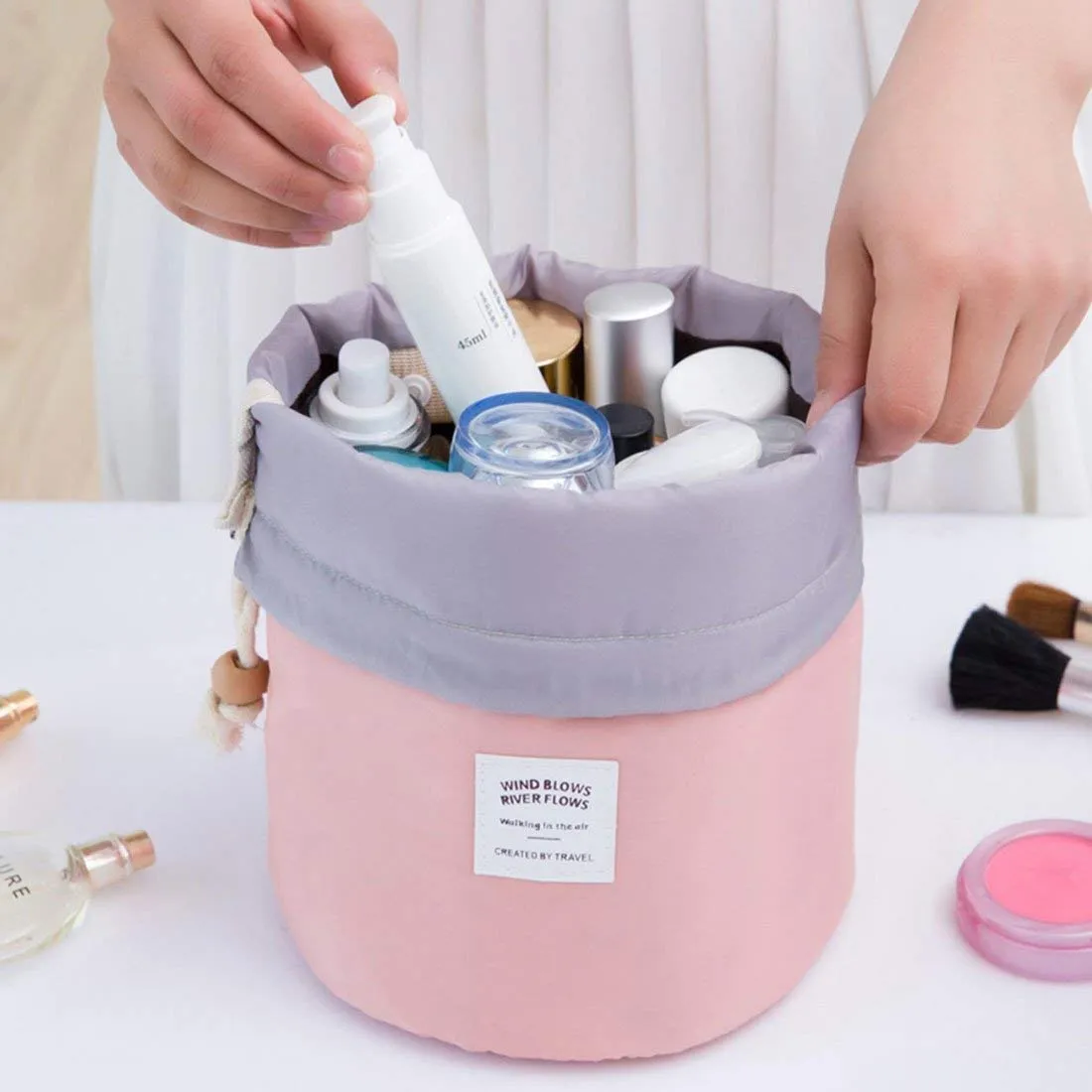 INVODA Drawstring Cosmetic Bag 3PCS Travel Makeup Bag for Women Toiletry Bag Portable Drawstring Make up Organizer Bag for Travel (Pink Green Blue)