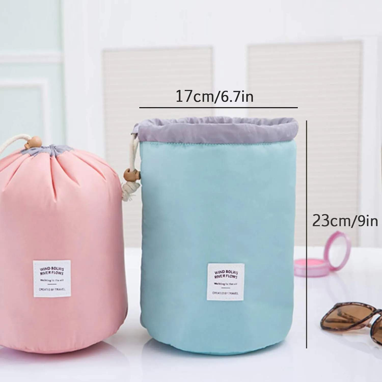 INVODA Drawstring Cosmetic Bag 3PCS Travel Makeup Bag for Women Toiletry Bag Portable Drawstring Make up Organizer Bag for Travel (Pink Green Blue)