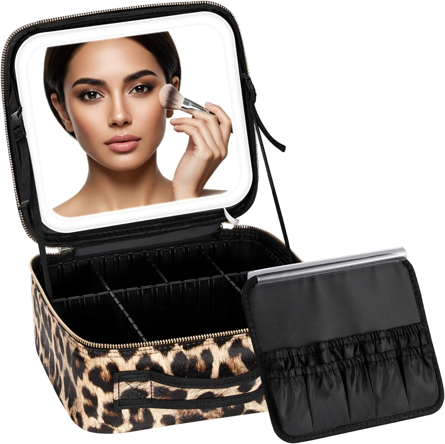 IPOW Premium Makeup Bag with Rechargeable LED Mirror, 3 Adjustable Light Settings, Customizable Dividers, Portable Travel Organizer, USB Charging, leopard print,Small