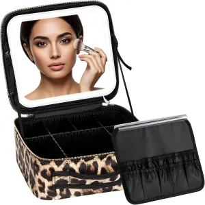 IPOW Premium Makeup Bag with Rechargeable LED Mirror, 3 Adjustable Light Settings, Customizable Dividers, Portable Travel Organizer, USB Charging, leopard print,Small