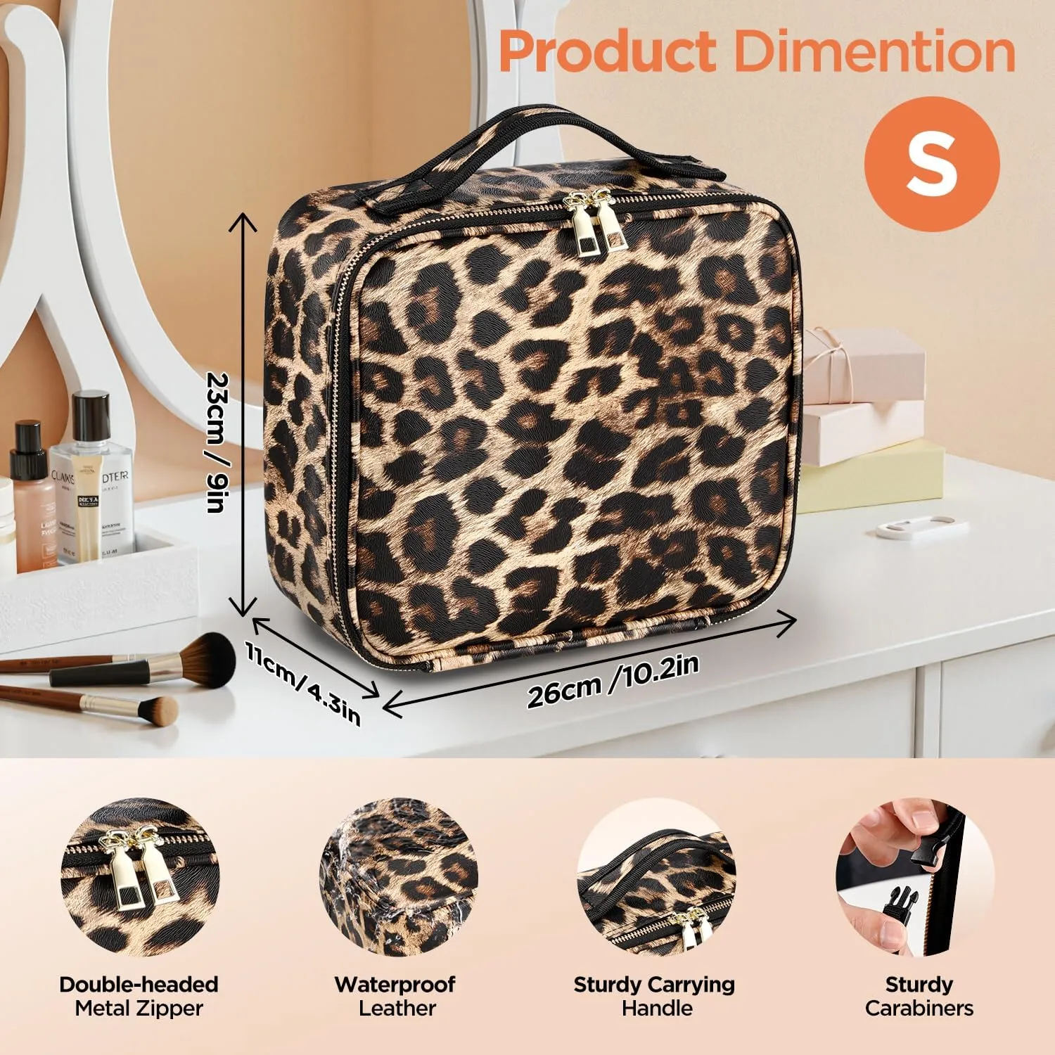 IPOW Premium Makeup Bag with Rechargeable LED Mirror, 3 Adjustable Light Settings, Customizable Dividers, Portable Travel Organizer, USB Charging, leopard print,Small