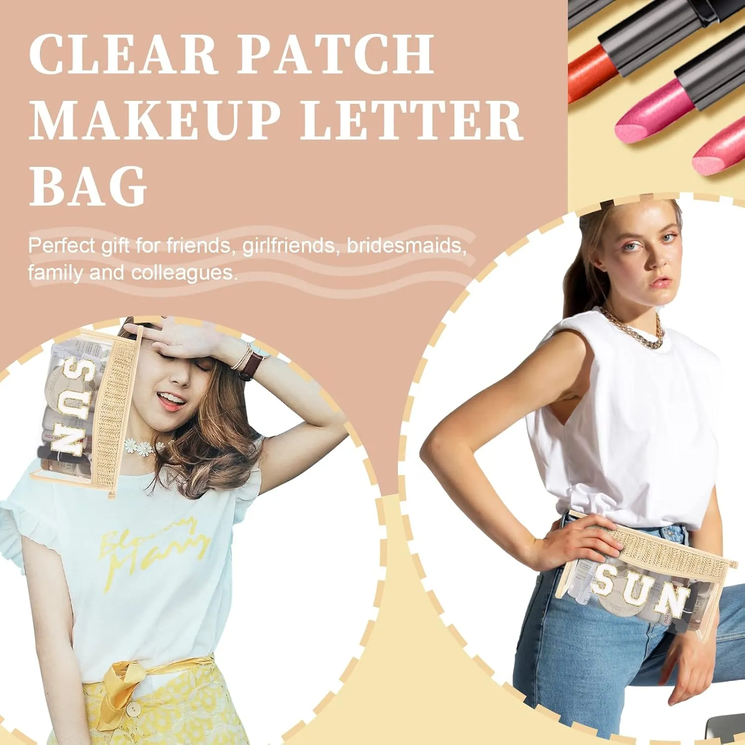 Iqimott 2Pcs Preppy Patch Sun Bag Makeup Letter Bag, Boho Letter Sun Bag for Beach Swim, Waterproof Zipper Make up Bag Toiletry Pouch for Women Girls, Clear Letter Transparent Pouch for Travel(Sun)