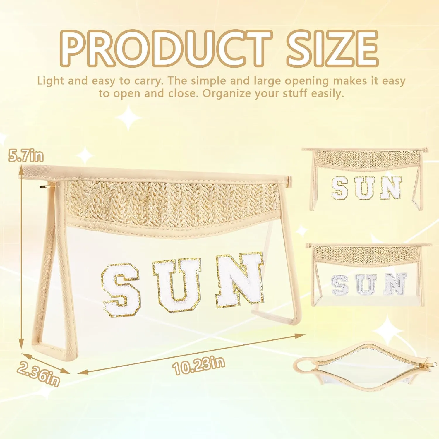 Iqimott 2Pcs Preppy Patch Sun Bag Makeup Letter Bag, Boho Letter Sun Bag for Beach Swim, Waterproof Zipper Make up Bag Toiletry Pouch for Women Girls, Clear Letter Transparent Pouch for Travel(Sun)