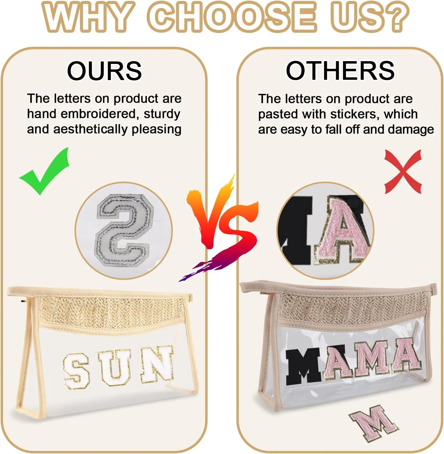 Iqimott 2Pcs Preppy Patch Sun Bag Makeup Letter Bag, Boho Letter Sun Bag for Beach Swim, Waterproof Zipper Make up Bag Toiletry Pouch for Women Girls, Clear Letter Transparent Pouch for Travel(Sun)