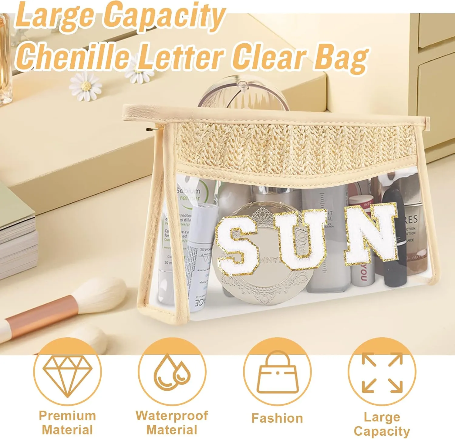 Iqimott 2Pcs Preppy Patch Sun Bag Makeup Letter Bag, Boho Letter Sun Bag for Beach Swim, Waterproof Zipper Make up Bag Toiletry Pouch for Women Girls, Clear Letter Transparent Pouch for Travel(Sun)