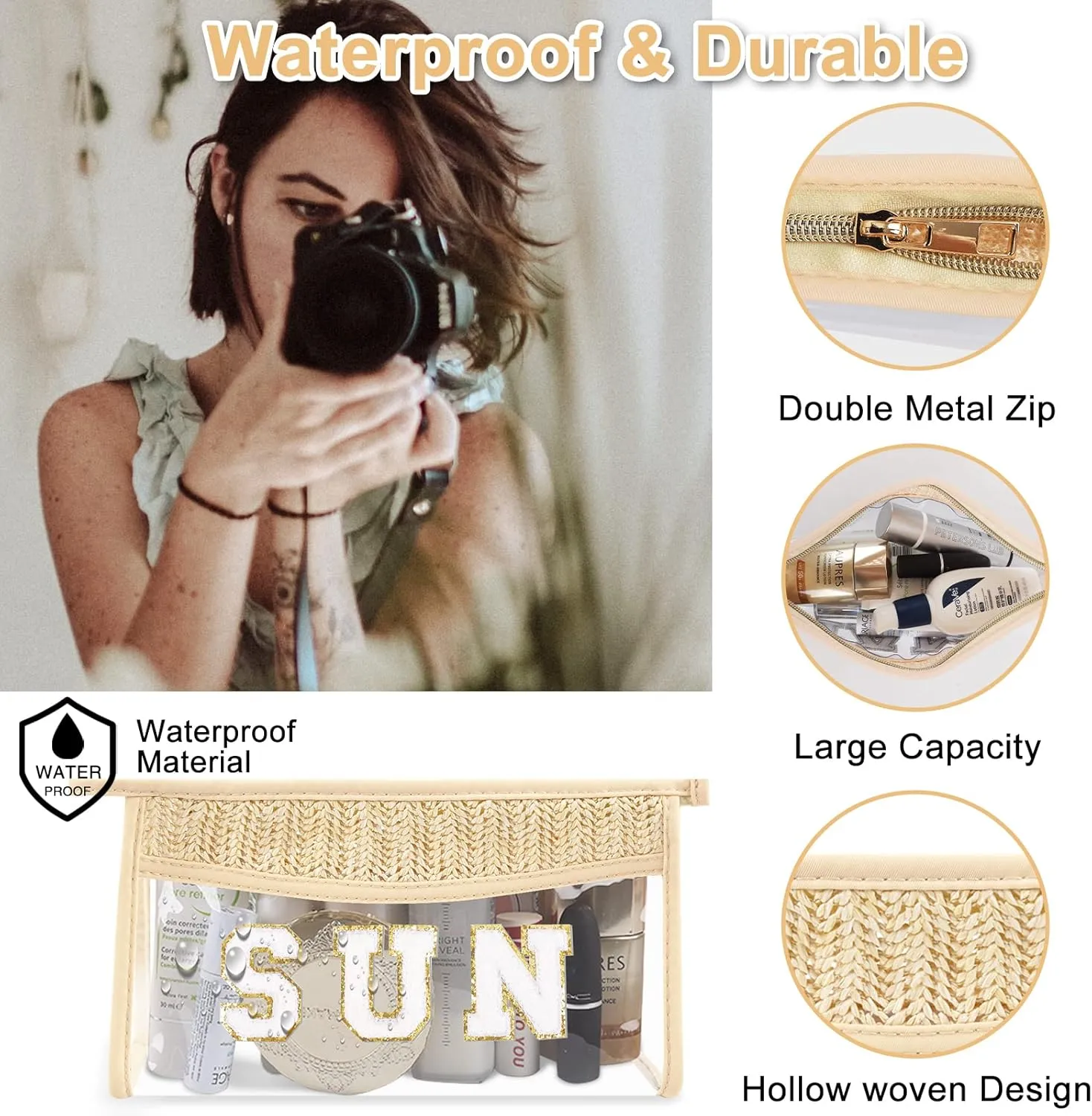 Iqimott 2Pcs Preppy Patch Sun Bag Makeup Letter Bag, Boho Letter Sun Bag for Beach Swim, Waterproof Zipper Make up Bag Toiletry Pouch for Women Girls, Clear Letter Transparent Pouch for Travel(Sun)