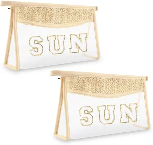 Iqimott 2Pcs Preppy Patch Sun Bag Makeup Letter Bag, Boho Letter Sun Bag for Beach Swim, Waterproof Zipper Make up Bag Toiletry Pouch for Women Girls, Clear Letter Transparent Pouch for Travel(Sun)