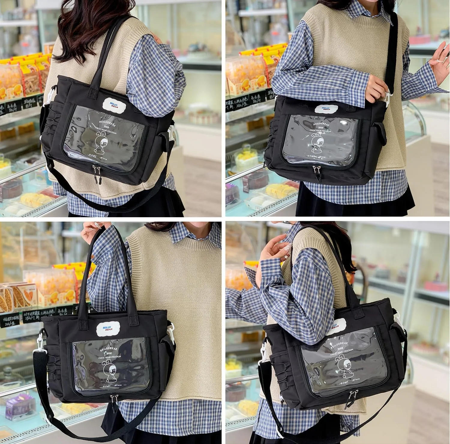 Ita Bag Kawaii Pin Display Bag with Plush Pendent Womens Crossbody Messenger Bag Girls Shoulder Tote Purse Y2K Handbag