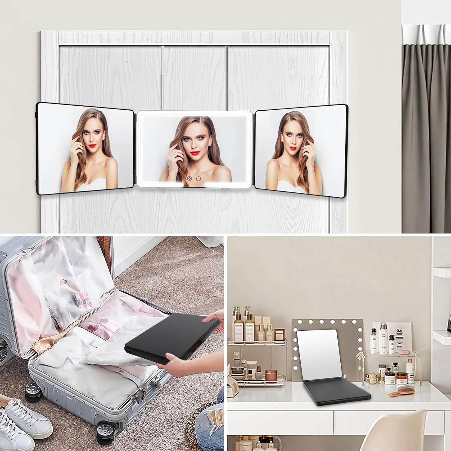 JANMPASK 3 Way Mirror, LED Home Mirror for Self Hair Cutting, 14x9 inches, Door Mount, 360 Makeup Mirror with Light, Adjustable, 10x Magnification