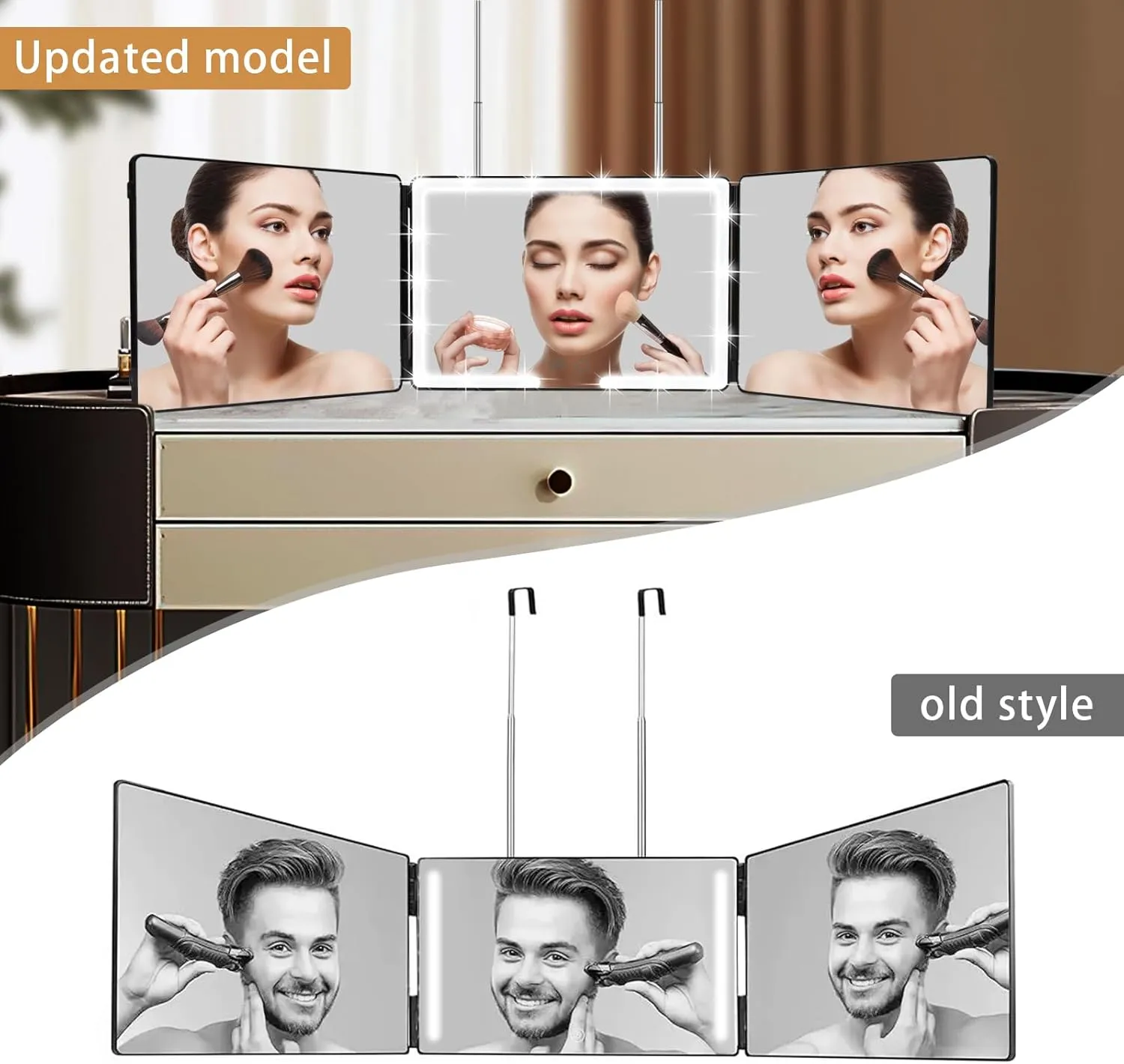 JANMPASK 3 Way Mirror, LED Home Mirror for Self Hair Cutting, 14x9 inches, Door Mount, 360 Makeup Mirror with Light, Adjustable, 10x Magnification