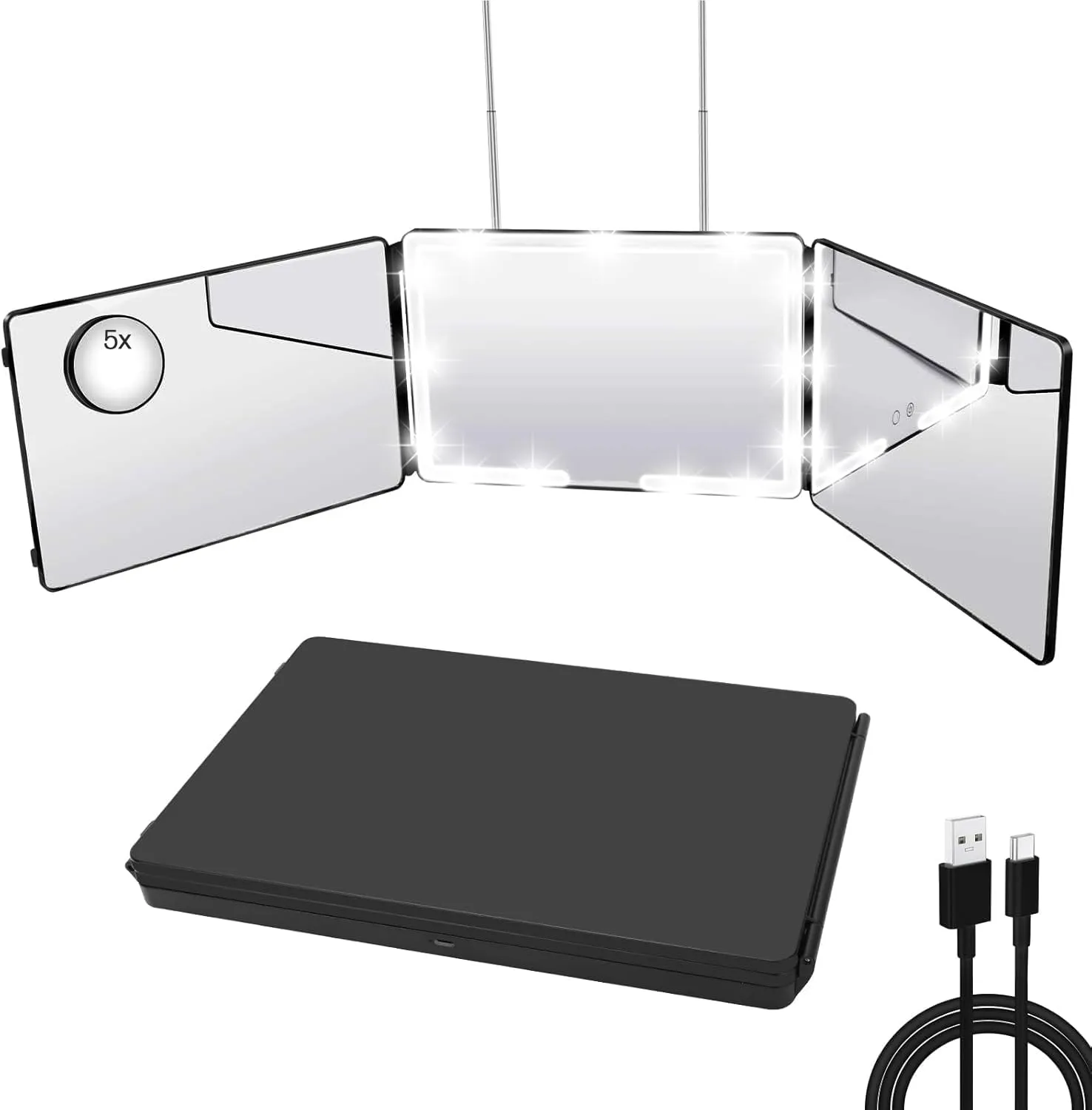 JANMPASK 3 Way Mirror, LED Home Mirror for Self Hair Cutting, 14x9 inches, Door Mount, 360 Makeup Mirror with Light, Adjustable, 10x Magnification