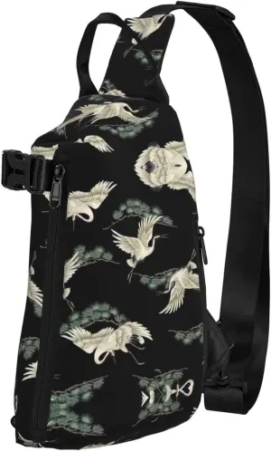 Japanese Crane & Pine Print Trend Casual Crossbody Chest Bag Multipurpose Cross Body Shoulder Bag
