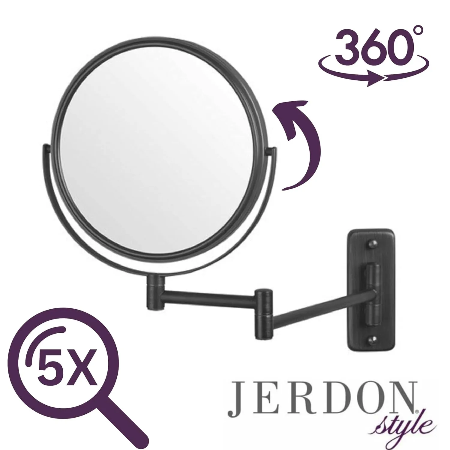 JERDON Two-Sided Wall Mounted Black Makeup Mirror - 5X-1X Magnification - 8” Diameter Mirror Extends 13.5” - Model JP7506BK
