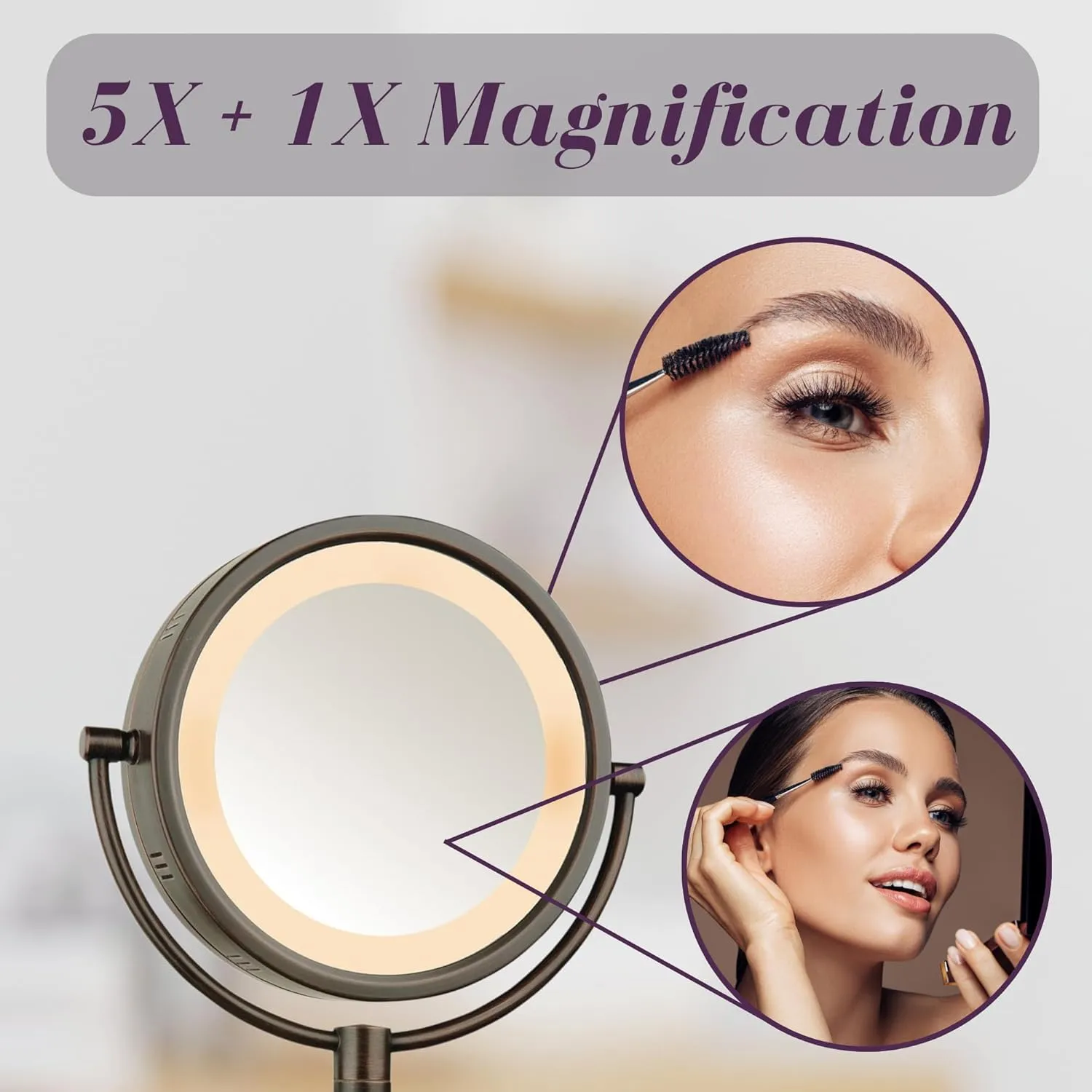 JERDON Two-Sided Wall-Mounted Makeup Mirror with Halo Lighting - Lighted Makeup Mirror with 5X Magnification & Wall-Mount Arm - Plug in Round Mirror with Bronze Finish Wall Mount - Model HL65BZ