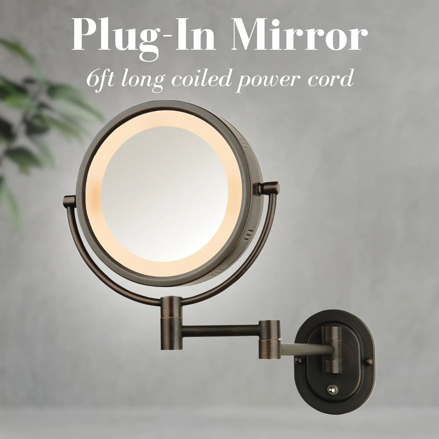 JERDON Two-Sided Wall-Mounted Makeup Mirror with Halo Lighting - Lighted Makeup Mirror with 5X Magnification & Wall-Mount Arm - Plug in Round Mirror with Bronze Finish Wall Mount - Model HL65BZ