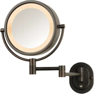 JERDON Two-Sided Wall-Mounted Makeup Mirror with Halo Lighting - Lighted Makeup Mirror with 5X Magnification & Wall-Mount Arm - Plug in Round Mirror with Bronze Finish Wall Mount - Model HL65BZ
