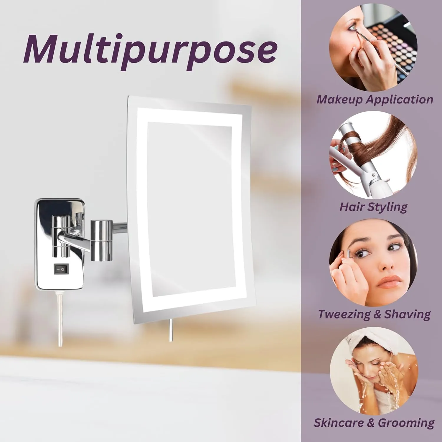 JERDON Wall Mount Makeup Mirror with 5X Magnification - 8.75” x 6.5” Rectangular Design Extends 15.5” from The Wall – Chrome Finish – Power Cord and Plug – Model JRT710CL