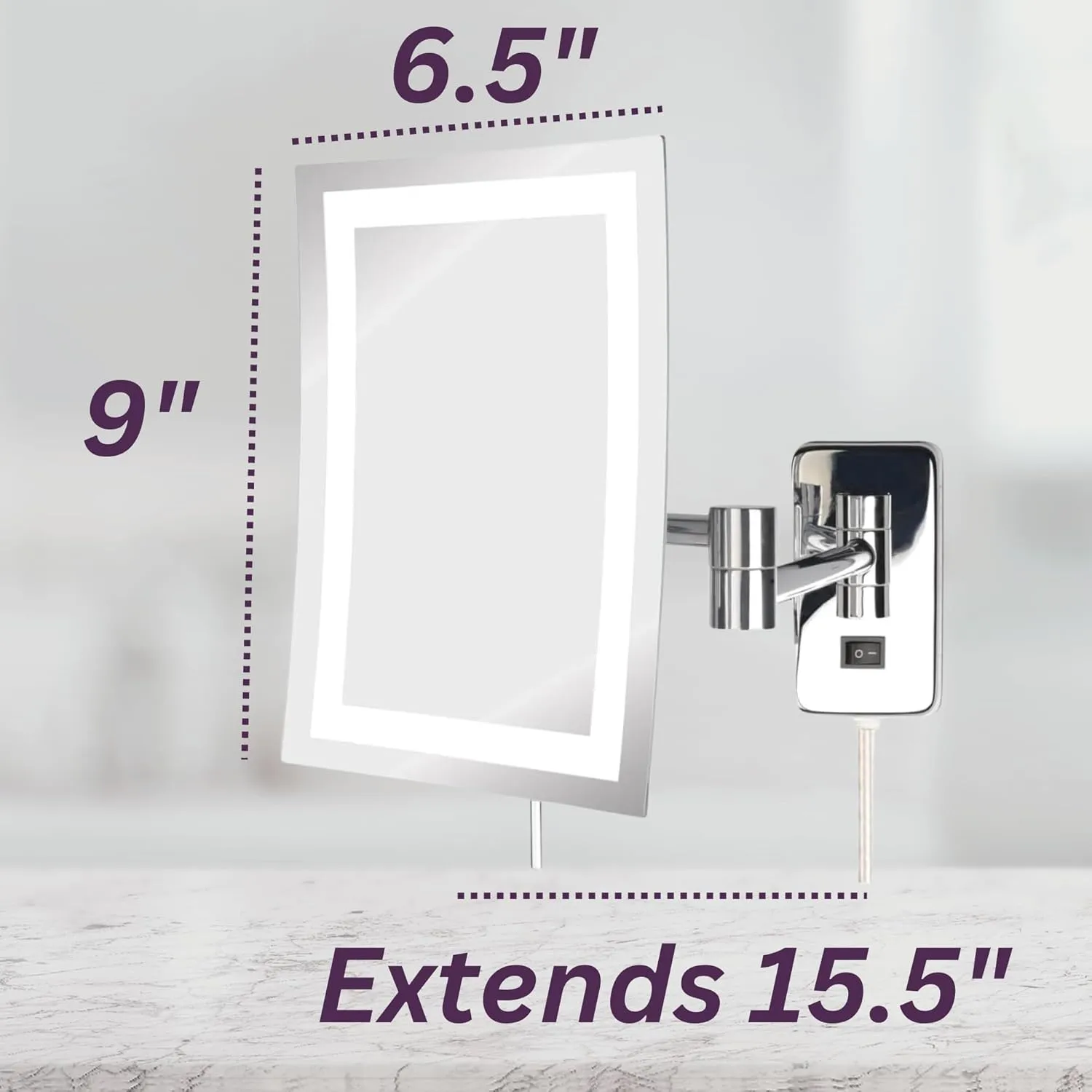 JERDON Wall Mount Makeup Mirror with 5X Magnification - 8.75” x 6.5” Rectangular Design Extends 15.5” from The Wall – Chrome Finish – Power Cord and Plug – Model JRT710CL
