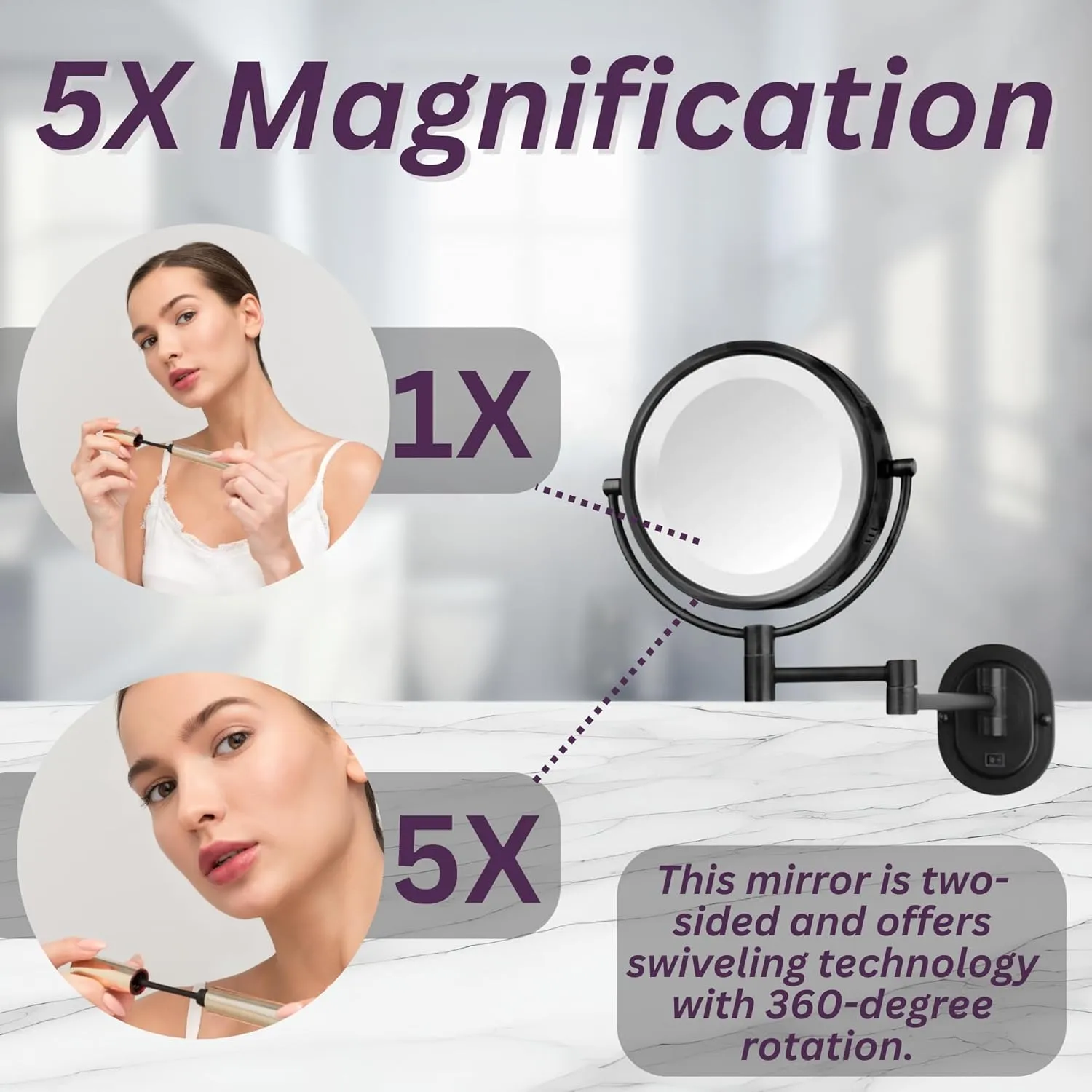 JERDON Wall-Mounted Black Makeup Mirror with LED Lighting - 5X-1X Magnification & 14” Extension - Direct Wire - Model HL65BKD