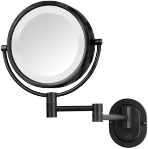 JERDON Wall-Mounted Black Makeup Mirror with LED Lighting - 5X-1X Magnification & 14” Extension - Direct Wire - Model HL65BKD
