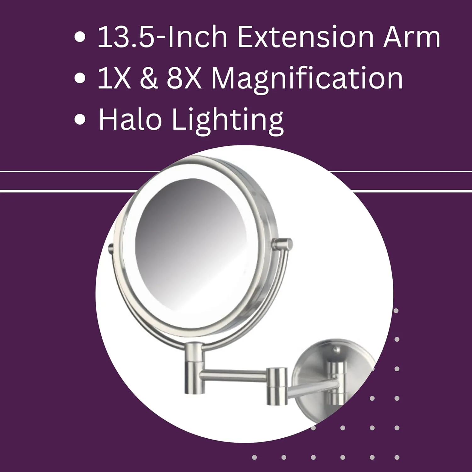 JERDON Wall-Mounted Makeup Mirror with Lights - Nickel Lighted Makeup Mirror with 8X Magnification - Model HL88NL