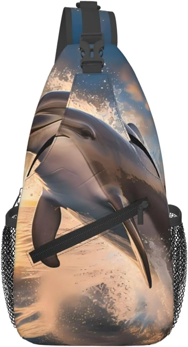 Jumping Dolphin Patterned multifunctional crossbody chest bag, suitable for casual hiking, unisex, convenient travel backpack