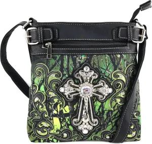 Justin West Camouflage Tree Bling Rhinestone Angel Wing Cross Shoulder Concealed Carry Handbag Purse