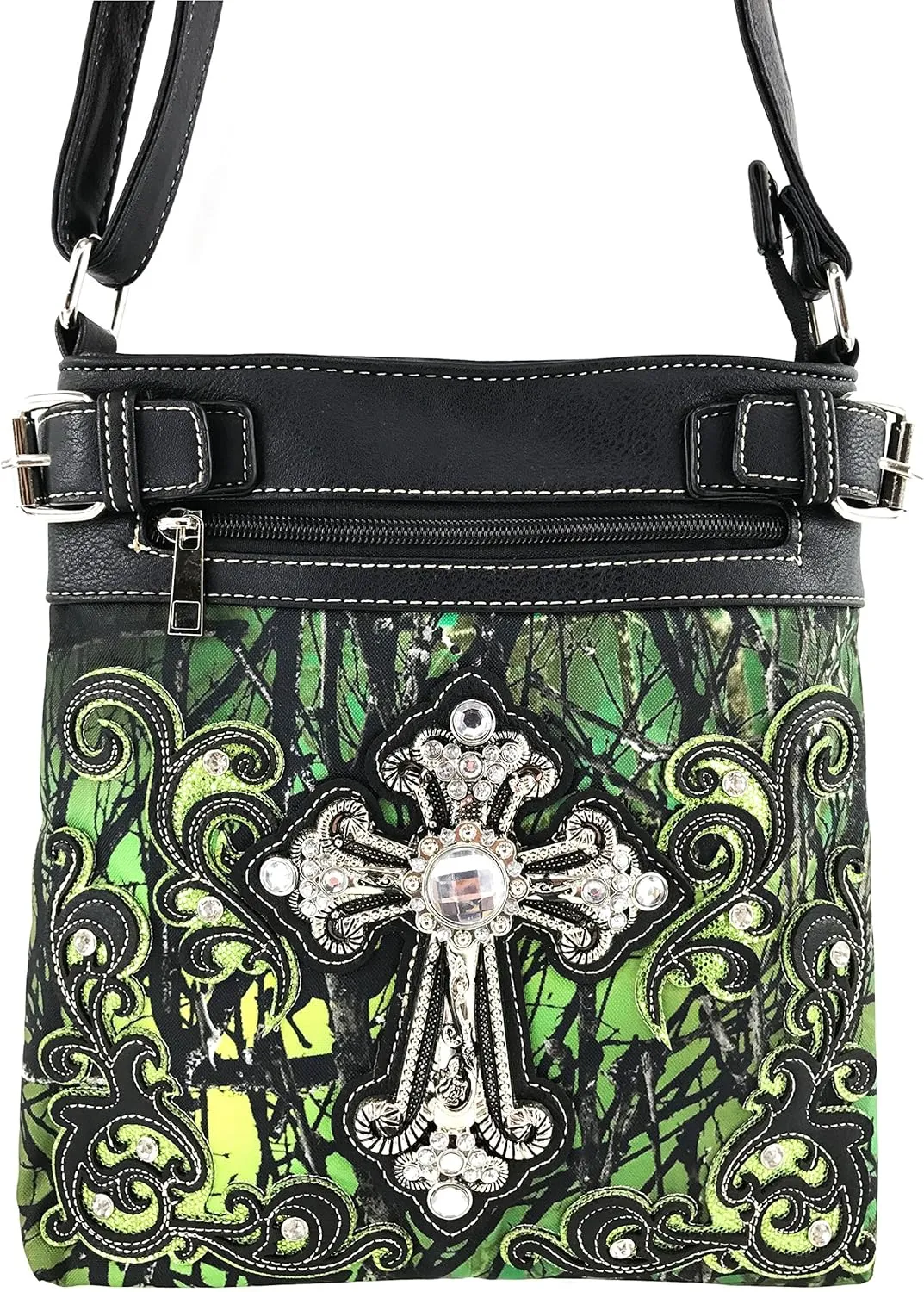Justin West Camouflage Tree Bling Rhinestone Angel Wing Cross Shoulder Concealed Carry Handbag Purse