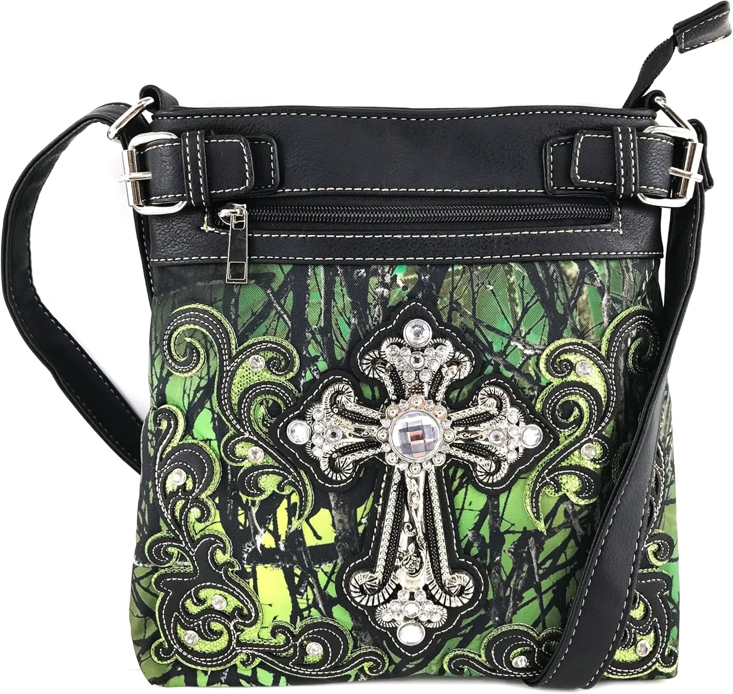 Justin West Camouflage Tree Bling Rhinestone Angel Wing Cross Shoulder Concealed Carry Handbag Purse