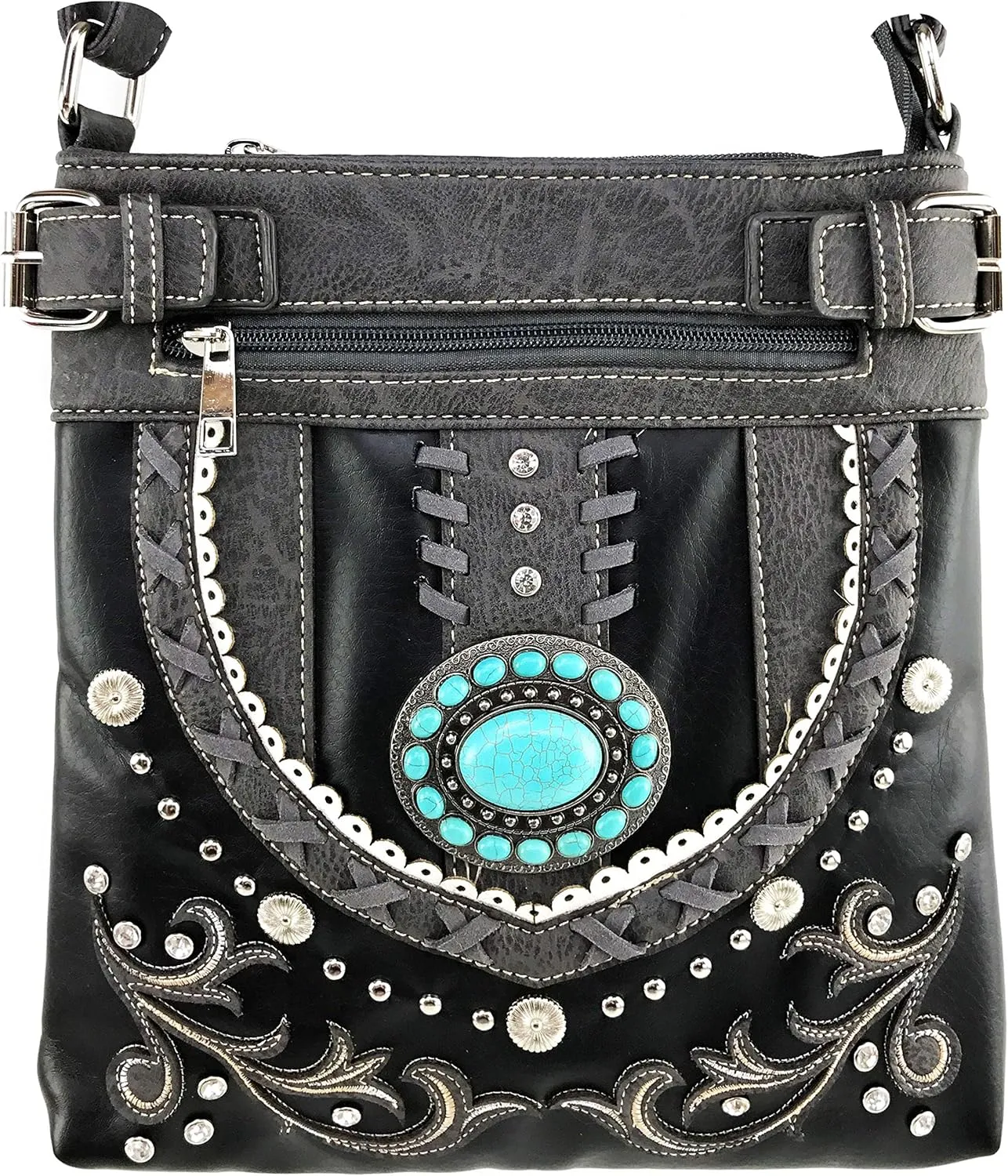 Justin West Concealed Carry Western Studded Turquoise Concho Embellishment Messenger Cross Body Handbag Purse