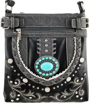 Justin West Concealed Carry Western Studded Turquoise Concho Embellishment Messenger Cross Body Handbag Purse