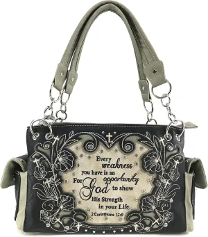 Justin West Embroidery Floral 2 Corinthians 12:9 Bible Verse Rhinestone Tote Shoulder Concealed Carry Handbag Messenger Purse