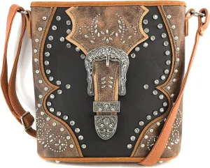 Justin West Floral Studs Laser Cut Western Rhinestone Buckle Messenger Purse Conceal Carry