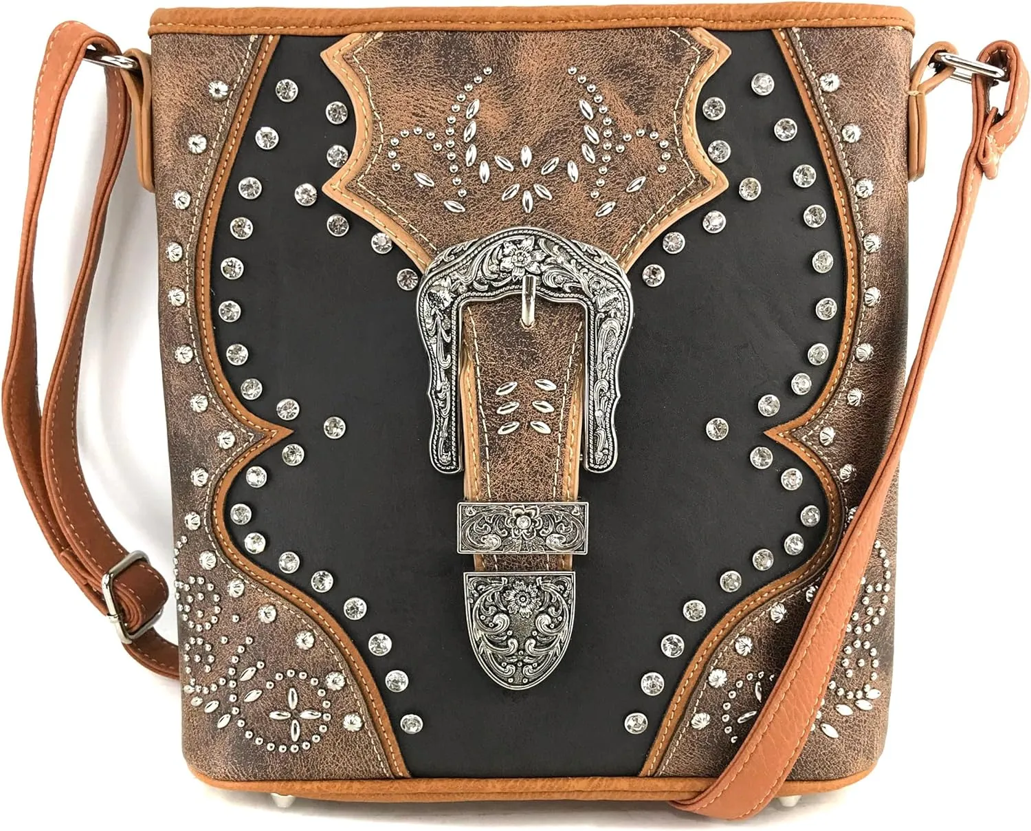Justin West Floral Studs Laser Cut Western Rhinestone Buckle Messenger Purse Conceal Carry