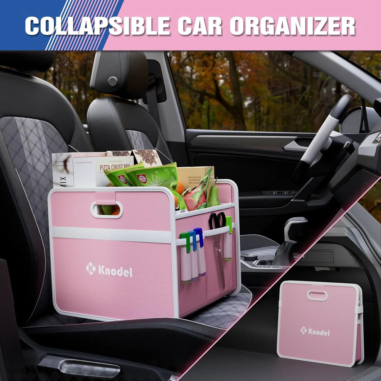 K KNODEL Car Trunk Organizer, Foldable Organizer for Car, Automotive Consoles & Organizers, Storage with Reinforced Handles (Medium, Pink)
