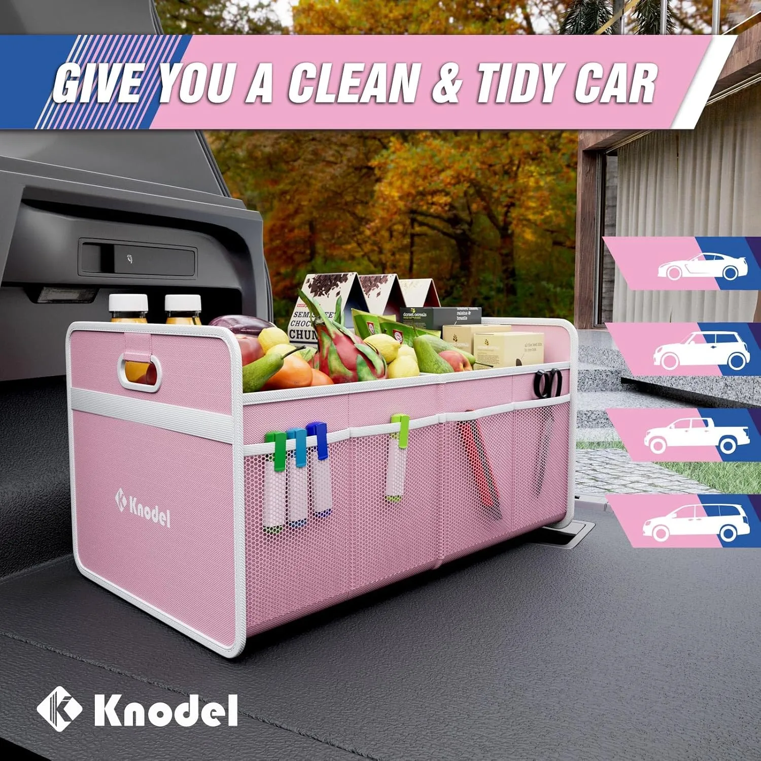 K KNODEL Car Trunk Organizer, Foldable Organizer for Car, Automotive Consoles & Organizers, Storage with Reinforced Handles (Medium, Pink)