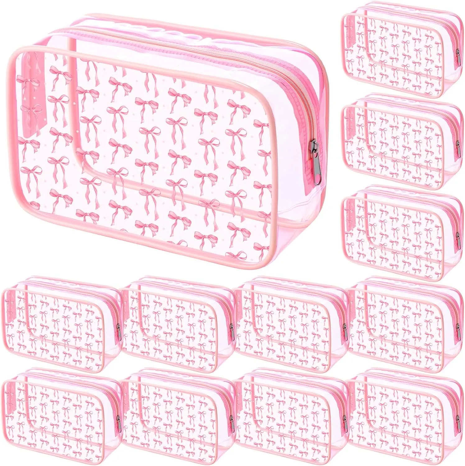 Kacctyen 12 Pcs Pink Bow Clear Cosmetics Bag Coquette Preppy PVC Makeup Bag Bulk Zippered Travel Toiletry Pouch Gift for Women Birthday Party Favor Nurse Graduation Organizer
