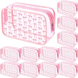 Kacctyen 12 Pcs Pink Bow Clear Cosmetics Bag Coquette Preppy PVC Makeup Bag Bulk Zippered Travel Toiletry Pouch Gift for Women Birthday Party Favor Nurse Graduation Organizer