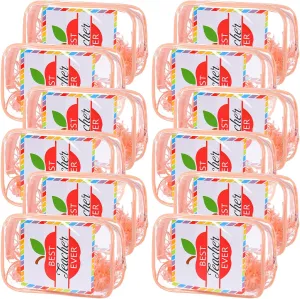 Kacctyen 12 Set Teacher Appreciation Gifts Clear Makeup Bag, PVC Best Teacher Ever Cosmetic Bags with Zipper, Raffia and Appreciation Cards for Thank You Graduation Party Decoration