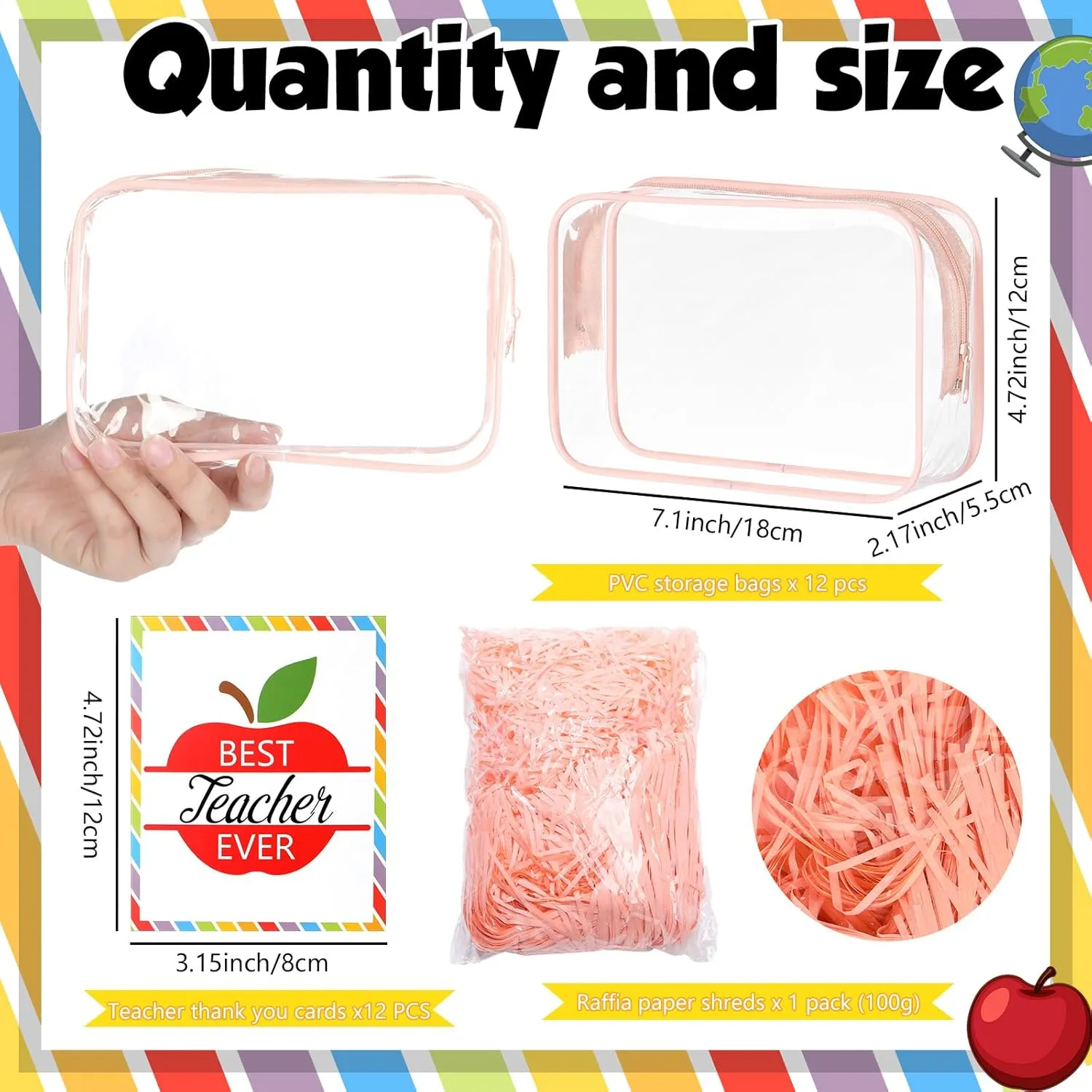 Kacctyen 12 Set Teacher Appreciation Gifts Clear Makeup Bag, PVC Best Teacher Ever Cosmetic Bags with Zipper, Raffia and Appreciation Cards for Thank You Graduation Party Decoration