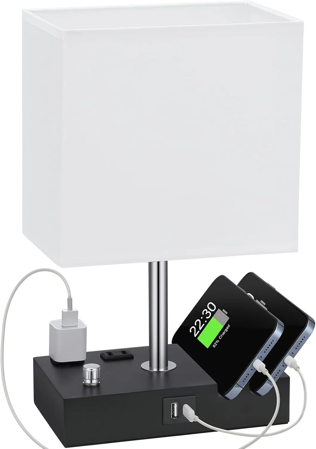 Kakanuo Table Lamp for Bedroom with Dual USB Ports, White Fully Dimmable Bedside Lamp with Phone Stands and 2 Charging Outlets, Desk Lamp for Nightstand and Living Room, LED Bulb Included