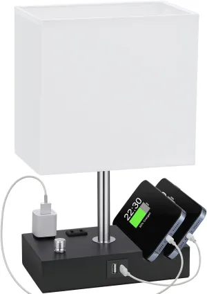 Kakanuo Table Lamp for Bedroom with Dual USB Ports, White Fully Dimmable Bedside Lamp with Phone Stands and 2 Charging Outlets, Desk Lamp for Nightstand and Living Room, LED Bulb Included